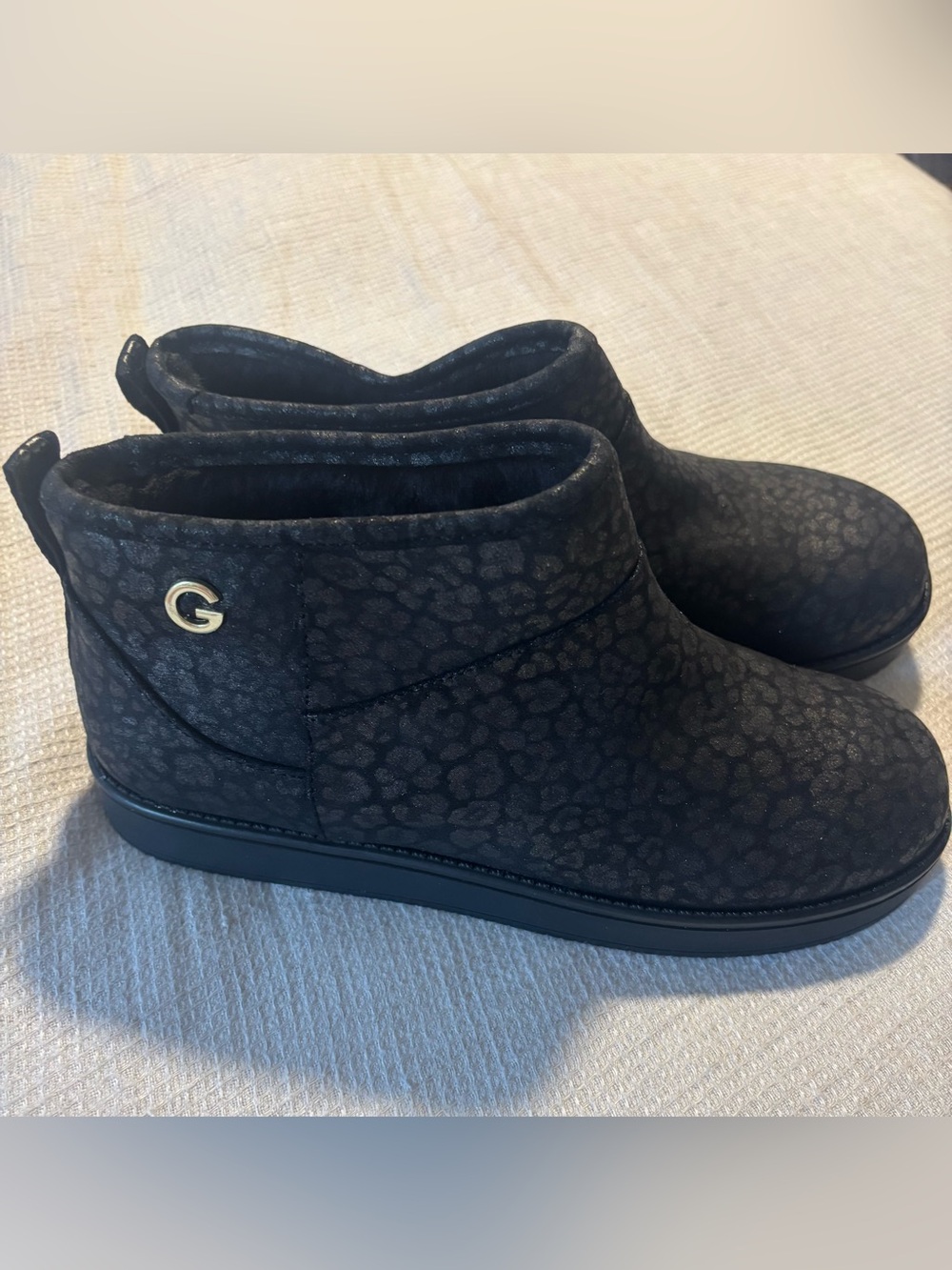 GBG Los Angeles (G by Guess) Black/Gold Leopard-Print Slip-On Alena Ankle Boots